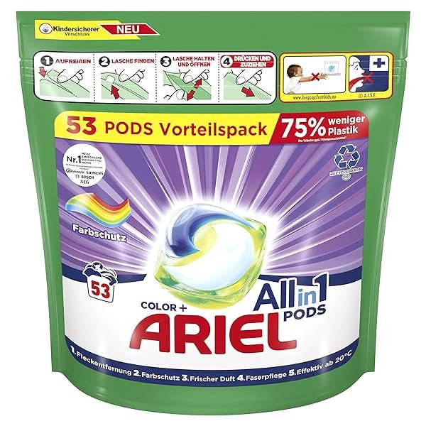 Ariel Waschmittel Pods All-in-1, Color Waschmittel, 53 Waschladungen, Frischer Wäscheduft und Farbschutz