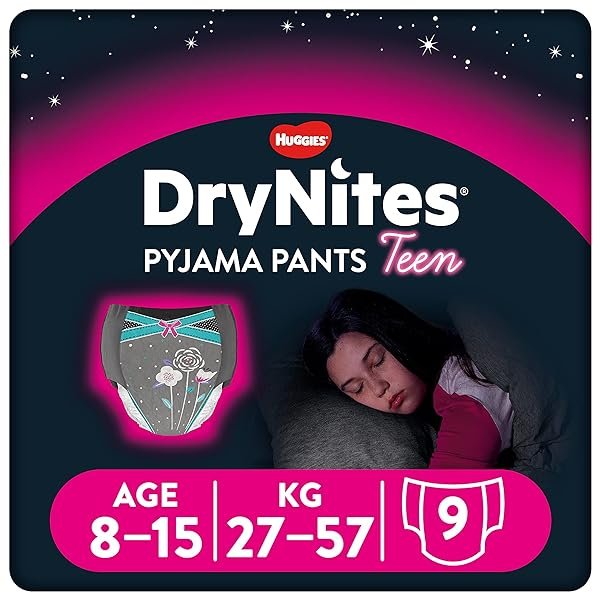 Huggies DryNites Mädchen Teenager Pyjamahose - Größen 8-15 Jahre - Diskrete Nachtwäsche mit spannenden Designs - maximaler Schutz für Teenager-Bettnässen (9 Hosen)