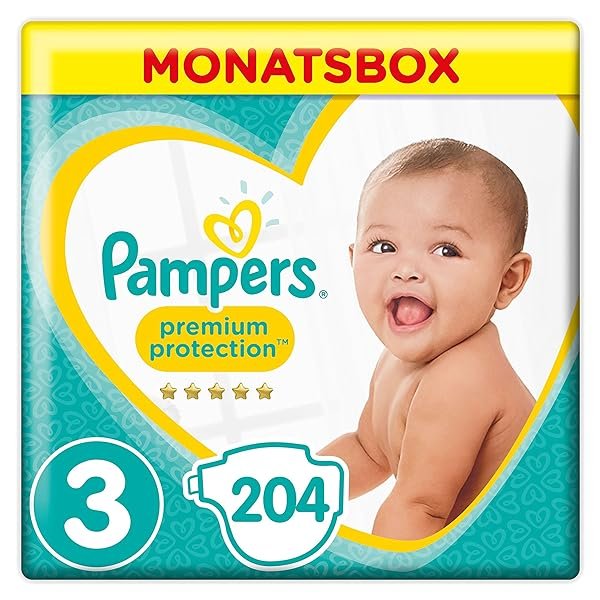 Pampers Premium Protection Windeln, Größe 3 Midi (6-10 kg) MonatsBox, 1er Pack (1 x 204 Stück)