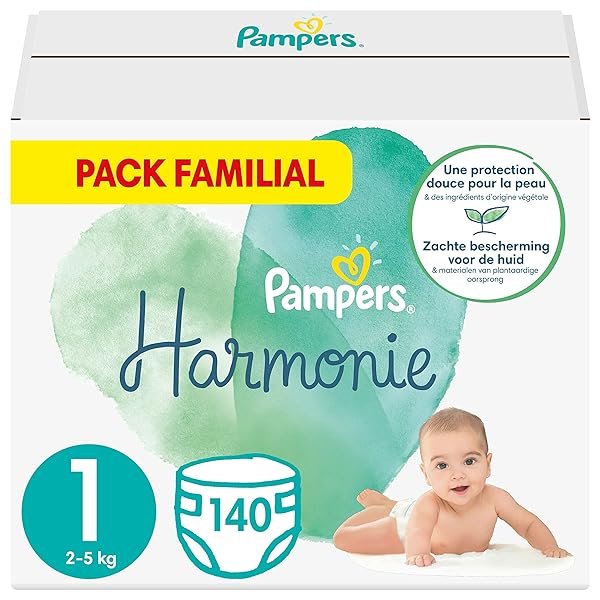 Pampers Windeln Größe 1 (2 – 5 kg), Harmonie, 140 Windeln für Babys (4 x 35), 0% Kompromisse, 100% Saugfähigkeit, Inhaltsstoffe pflanzlichen Ursprungs, hypoallergen