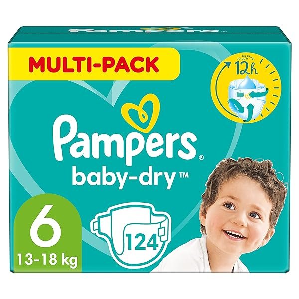 Pampers Windeln Größe 6 (13-18kg) Baby-Dry, Extra Large, MONATSBOX, bis zu 12 Stunden Rundum-Auslaufschutz, 124 Stück