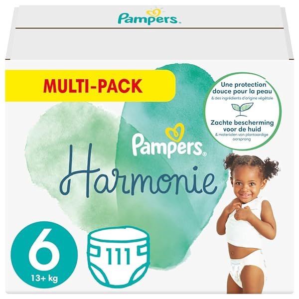 Pampers Windeln Größe 6 (13 + kg), Harmonie, 111 Windeln, Multipack, 0% Kompromisse, 100% Saugfähigkeit, pflanzliche Inhaltsstoffe, hypoallergen