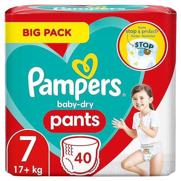 Pampers Windeln Pants Größe 7 (17kg+) Baby-Dry, Extra Large, BIG PACK, mit Stop- und Schutz Täschchen, 40 Höschenwindeln