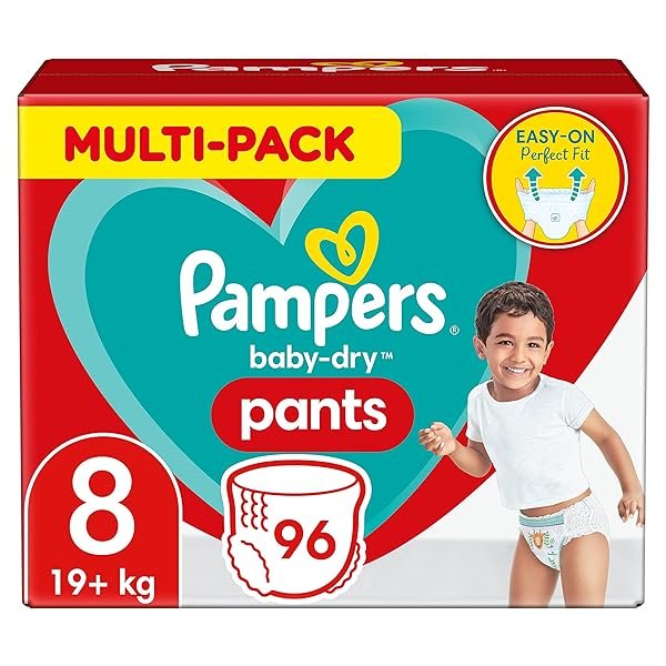 Pampers Windeln Pants Größe 8 (19kg+) Baby-Dry, MONATSBOX, Windelhöschen mit 360° Fit, 96 Höschenwindeln