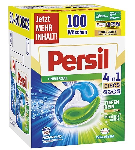 Persil Universal 4in1 DISCS (100 Waschladungen), Vollwaschmittel mit Tiefenrein-Plus Technologie bekämpft hartnäckige Flecken, 92% biologisch abbaubare Inhaltsstoffe*