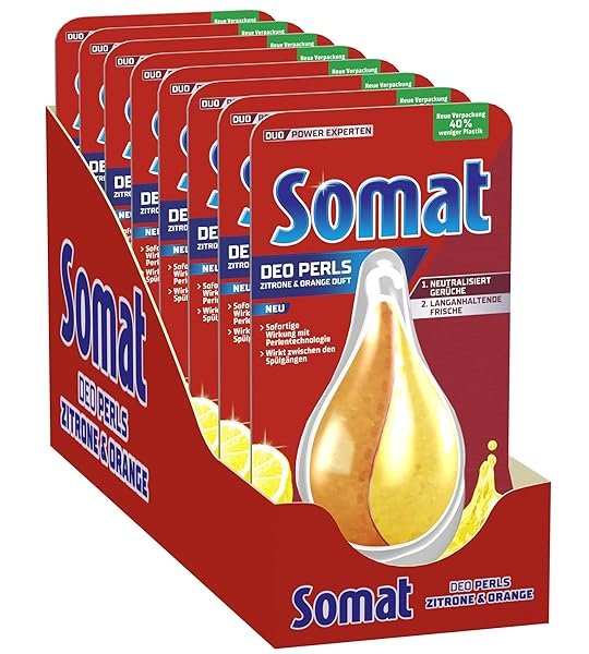 Somat Deo Perls Geschirrspüler Deo Zitrone & Orange (60 Spülgänge), Spülmaschinen Deo zur Geruchsneutralisierung für einen frischen Geschirrspüler Duft (8x17g)