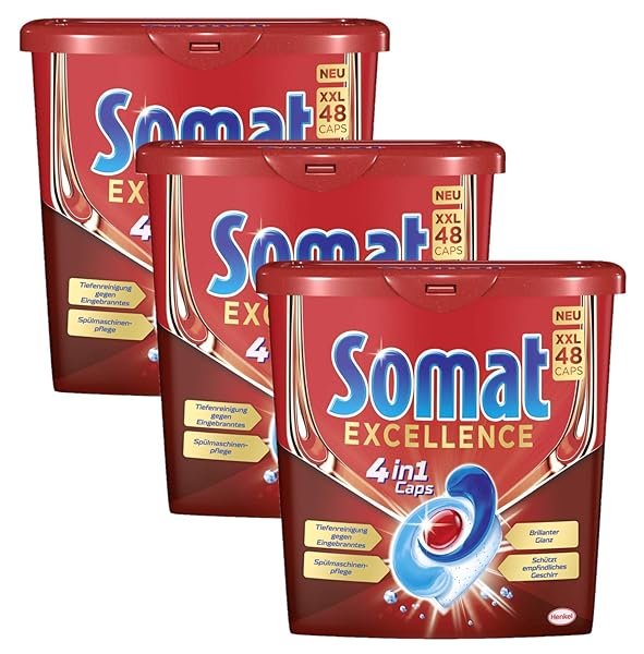 Somat Excellence 4in1 Caps, 144 (3 x 48) Caps, Spülmaschinen-Caps für exzellente Reinigung, brillanten Glanz und sorgfältige Pflege für Geschirr und Spülmaschine